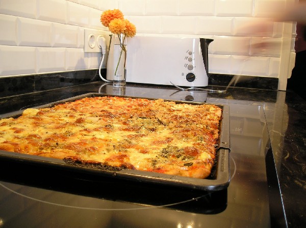 Pizza hecha sobre bandeja